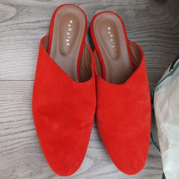 Maguire Suede Flat Mules — Tomato Red — Women's Size 9 — Pointed Toe — Designer - Picture 2 of 5